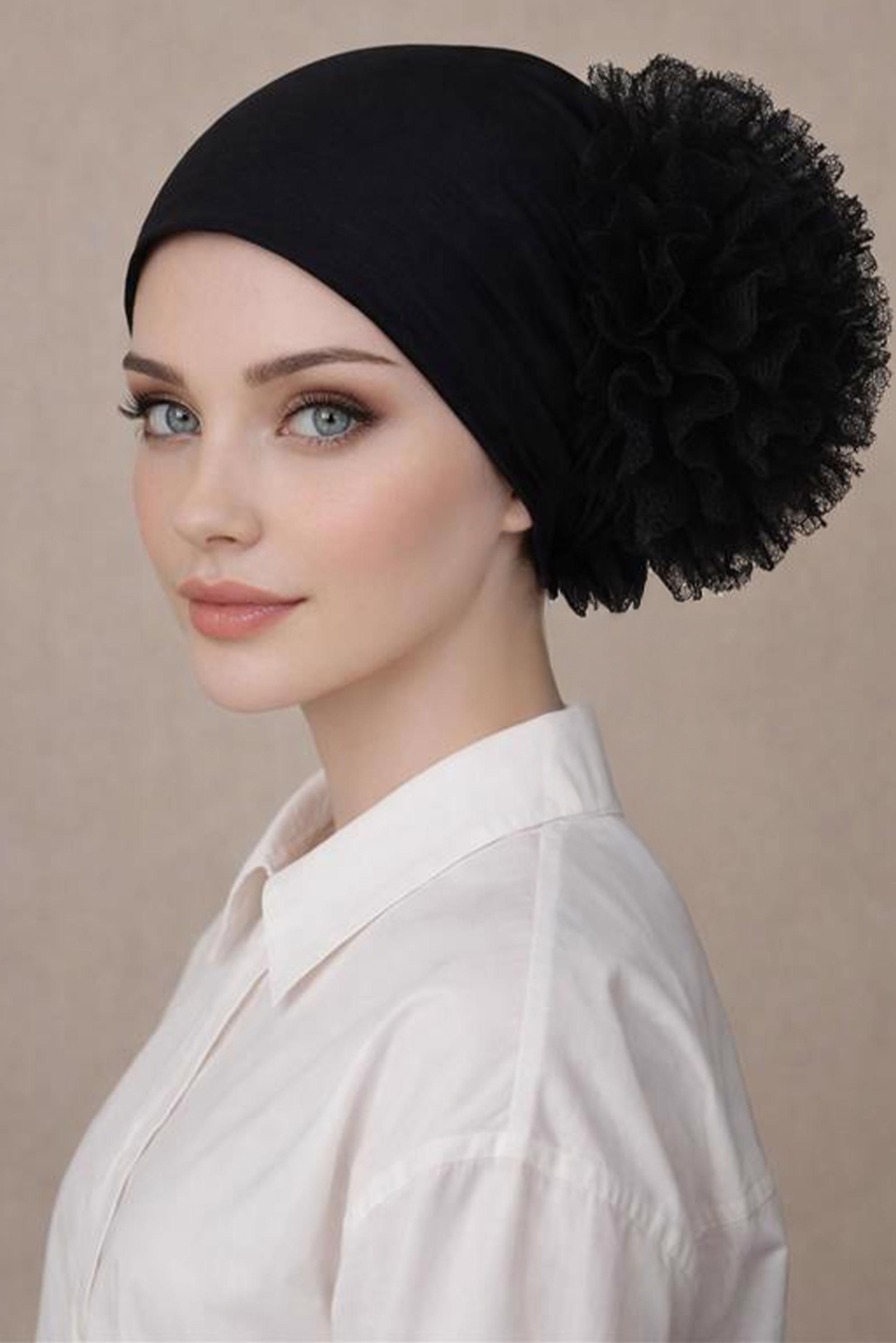 Tesettür giyim SİYAH ALVİNA DİKİŞSİZ FIRFIRLI BONE 40076-1