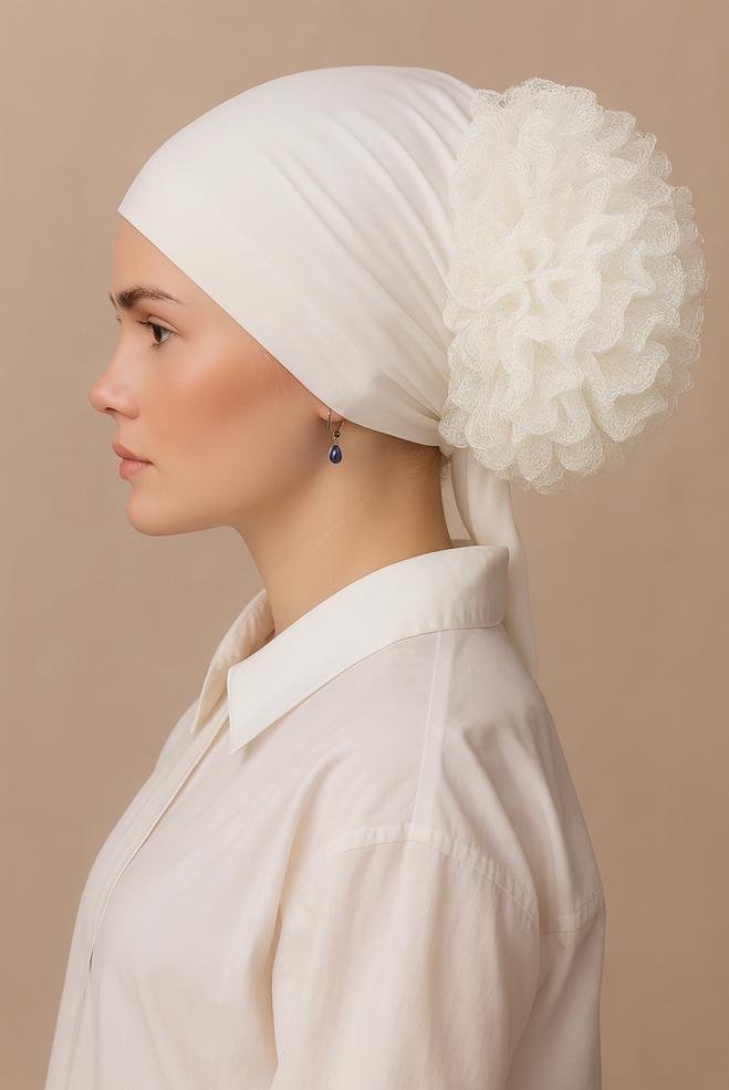 Tesettür giyim BEYAZ ALVİNA DİKİŞSİZ FIRFIRLI BONE 40074-1 - ALVİNA