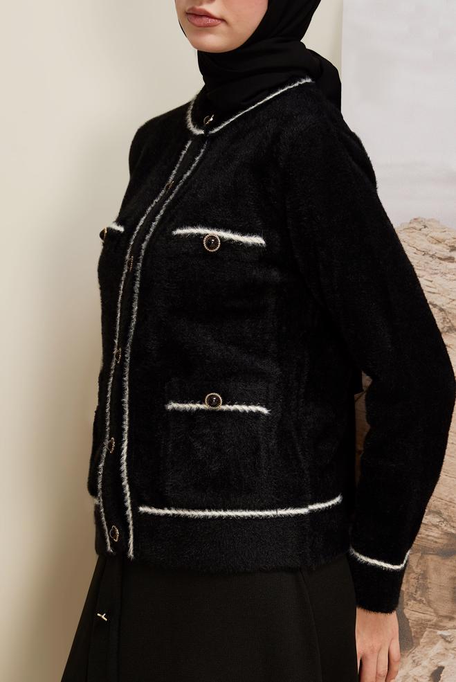 Tesettür giyim SİYAH DÜĞME DETAYLI TRİKO CEKET 45932 - ALVİNA