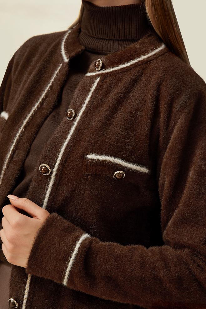 Tesettür giyim KAHVE DÜĞME DETAYLI TRİKO CEKET 45932 - ALVİNA