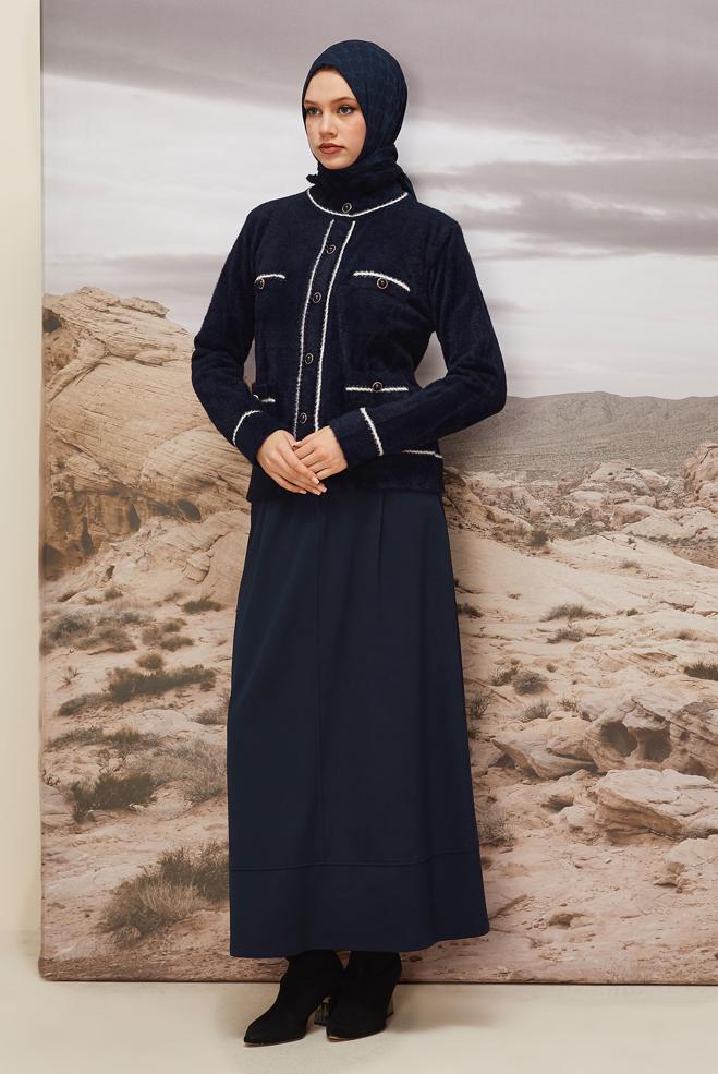 Tesettür giyim LACİVERT DÜĞME DETAYLI TRİKO CEKET 45932 - ALVİNA