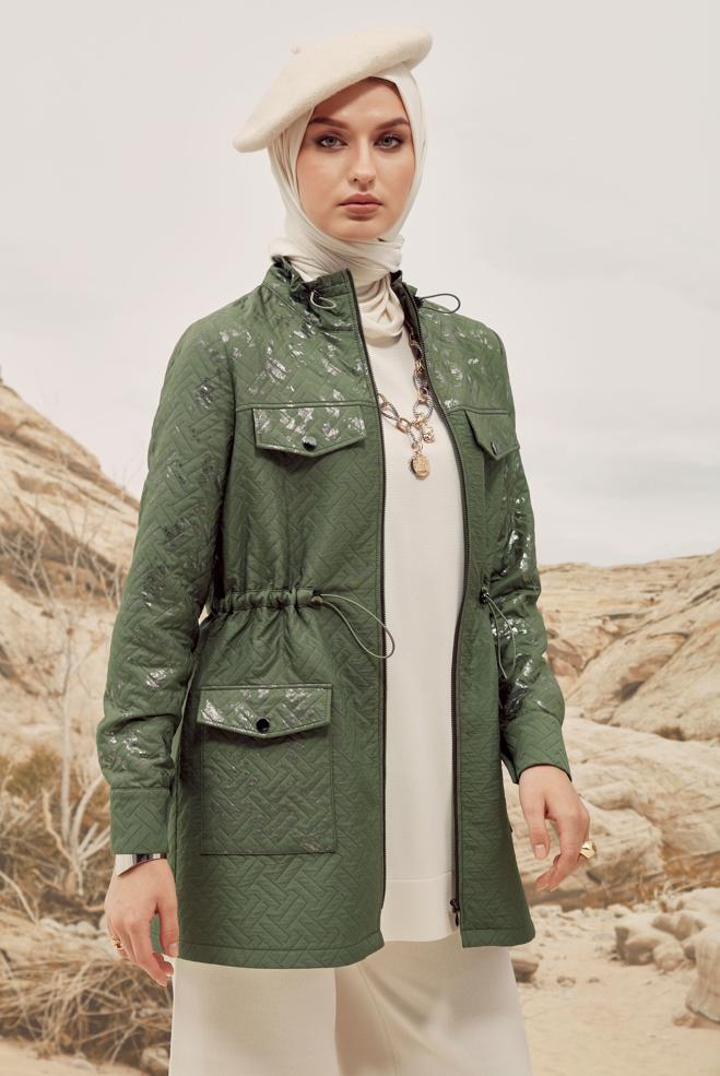 Tesettür giyim HAKİ VARAK BASKILI KAPİTONE CEKET 46009 - ALVİNA