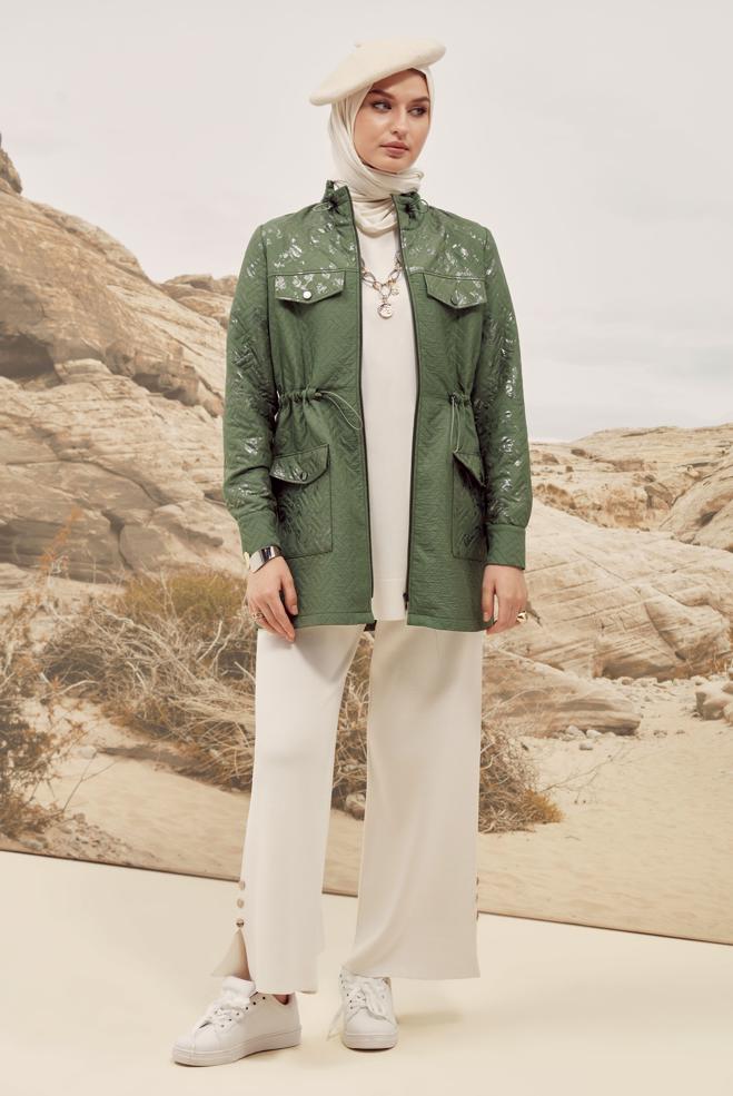 Tesettür giyim HAKİ VARAK BASKILI KAPİTONE CEKET 46009 - ALVİNA