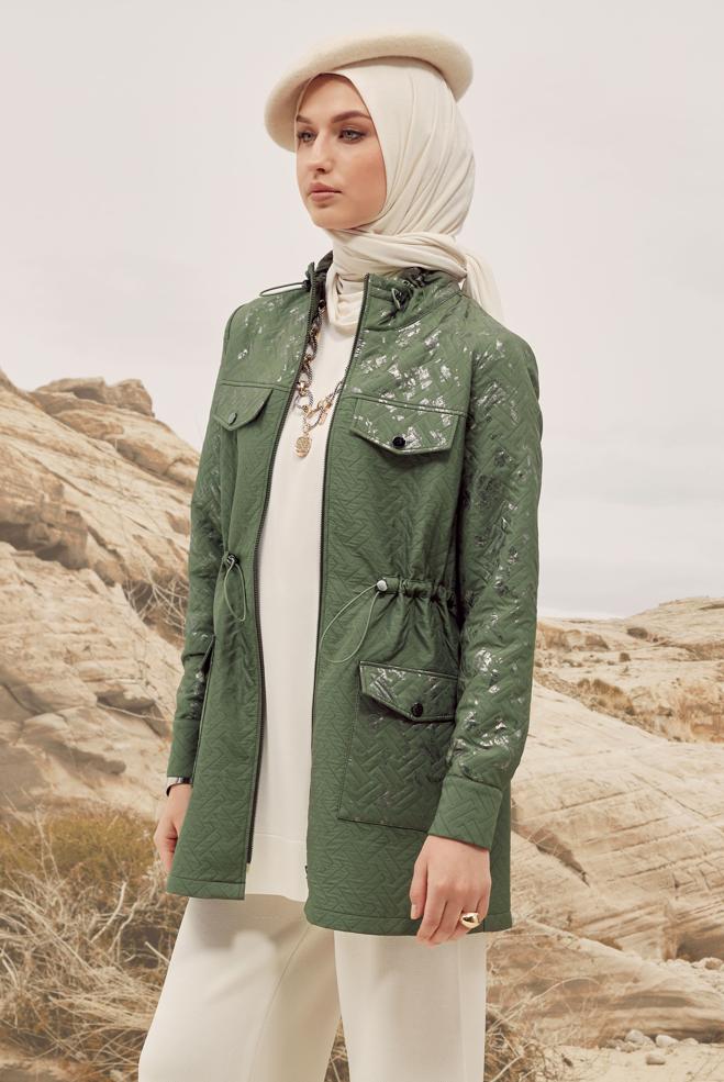 Tesettür giyim HAKİ VARAK BASKILI KAPİTONE CEKET 46009 - ALVİNA