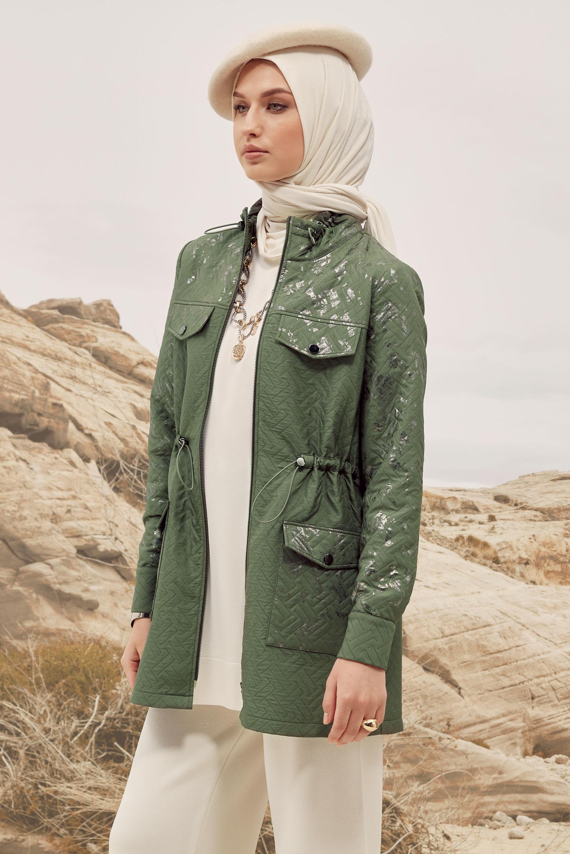 Tesettür giyim HAKİ VARAK BASKILI KAPİTONE CEKET 46009