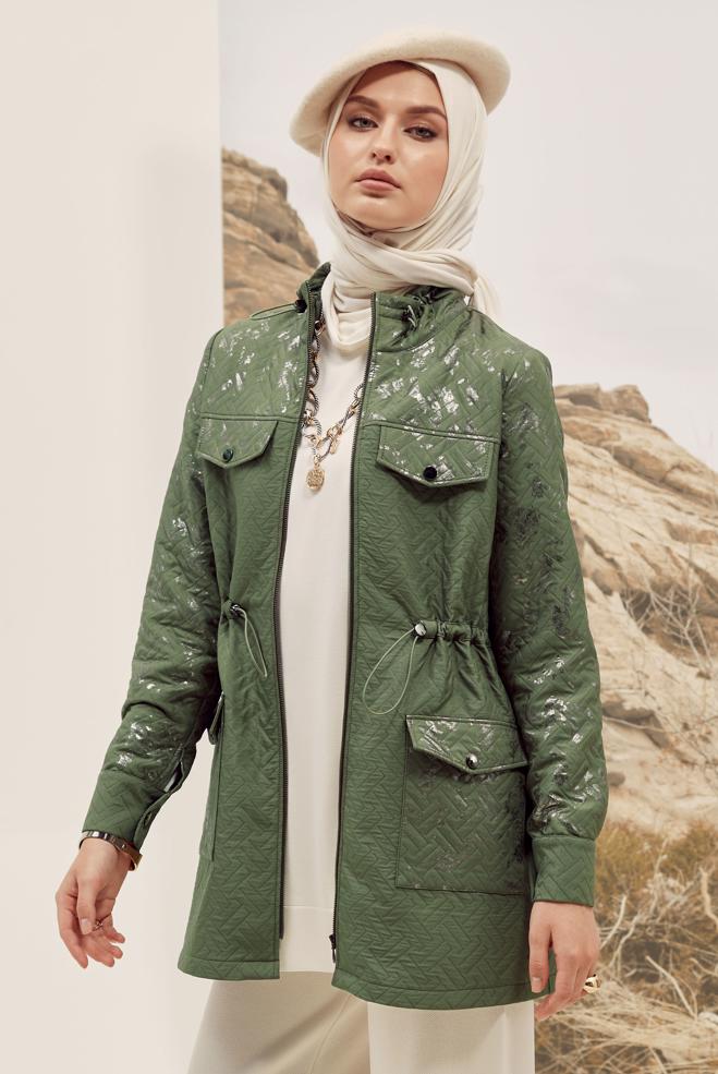 Tesettür giyim HAKİ VARAK BASKILI KAPİTONE CEKET 46009 - ALVİNA