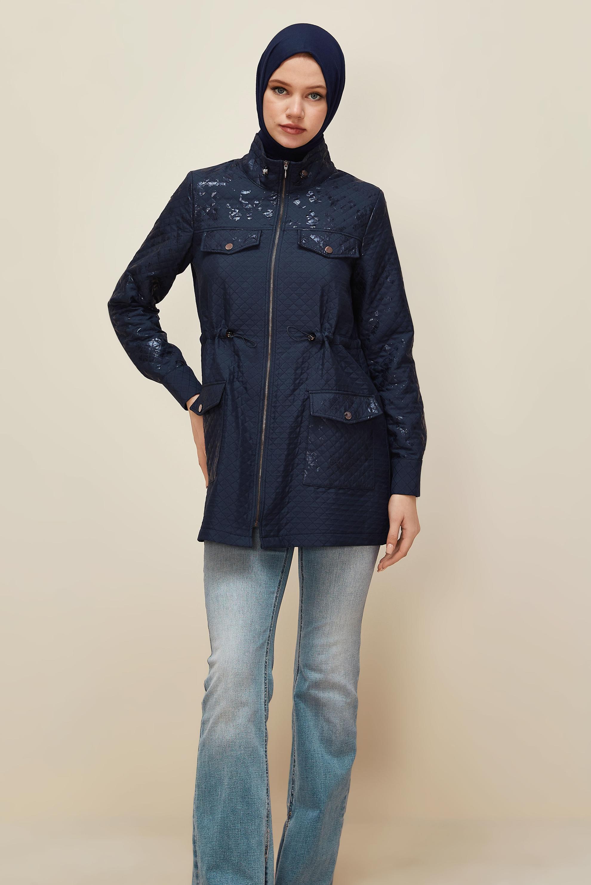 Hijab clothing NAVY BLUE FOIL PRINTED QUILTED JACKET 46009