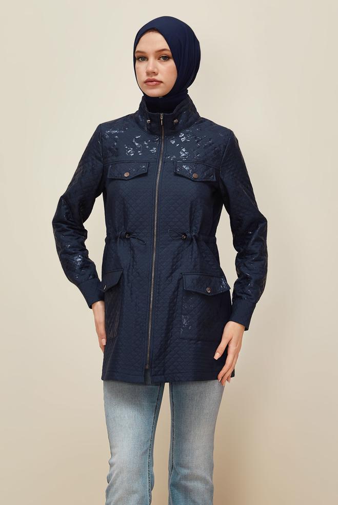 Hijab clothing NAVY BLUE FOIL PRINTED QUILTED JACKET 46009 - ALVİNA