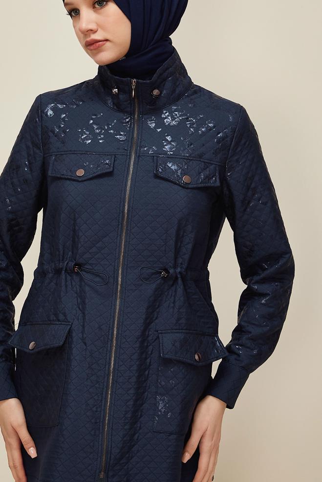 Hijab clothing NAVY BLUE FOIL PRINTED QUILTED JACKET 46009 - ALVİNA