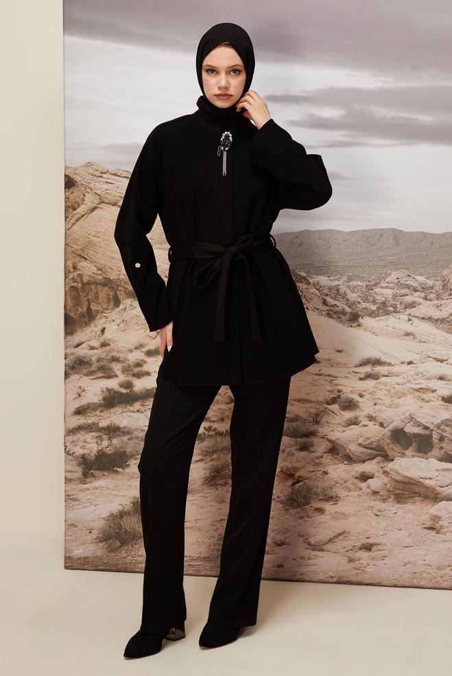 Tesettür giyim SİYAH KUŞAKLI GİY ÇIK 46067 - ALVİNA