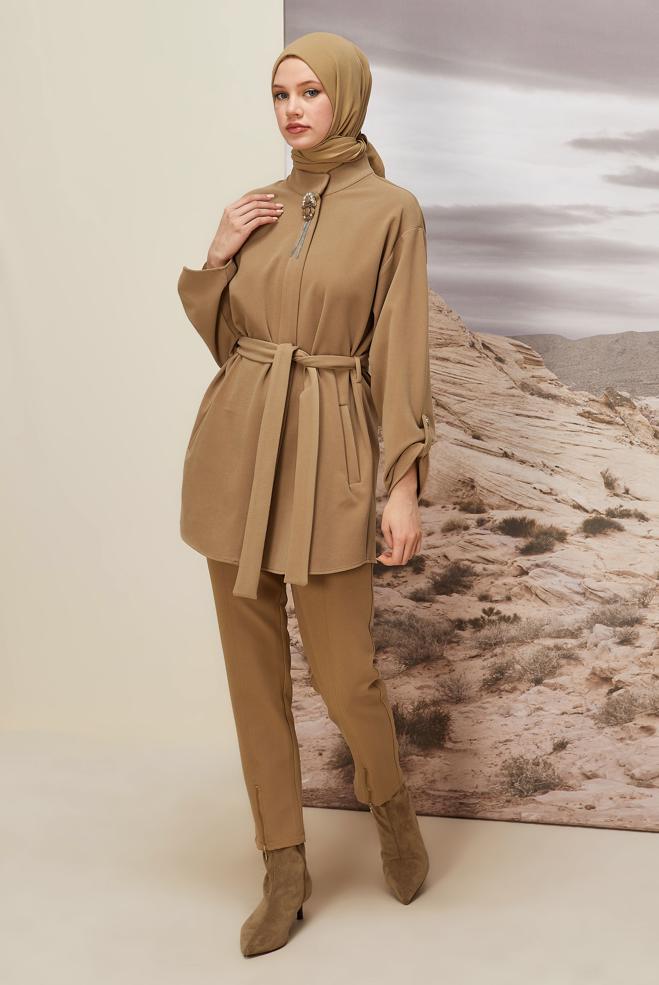 Tesettür giyim KAHVE KUŞAKLI GİY ÇIK 46067 - ALVİNA
