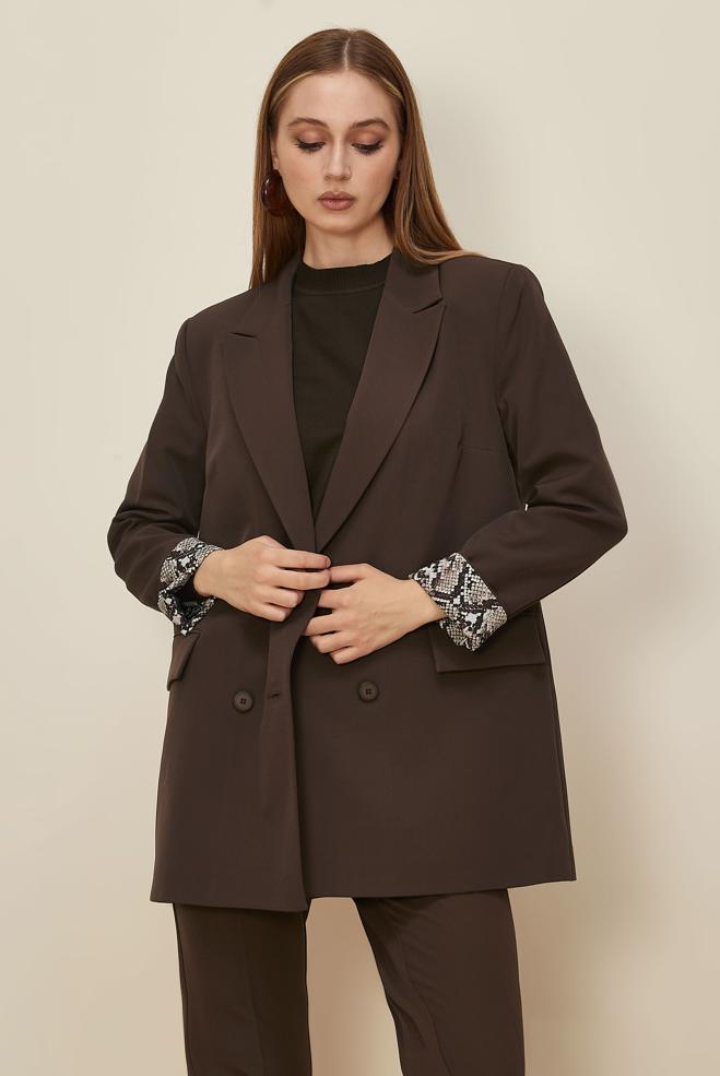 Tesettür giyim KAHVE ASTARI DESENLİ BLAZER CEKET 46191 - ALVİNA