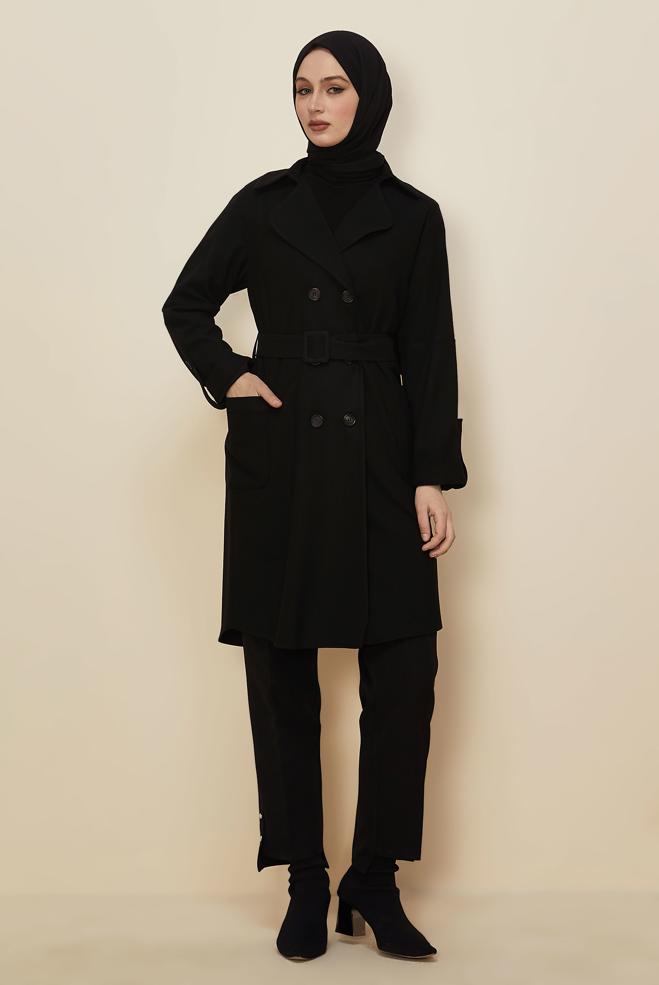 Tesettür giyim SİYAH KEMERLİ CEKET 46216 - ALVİNA