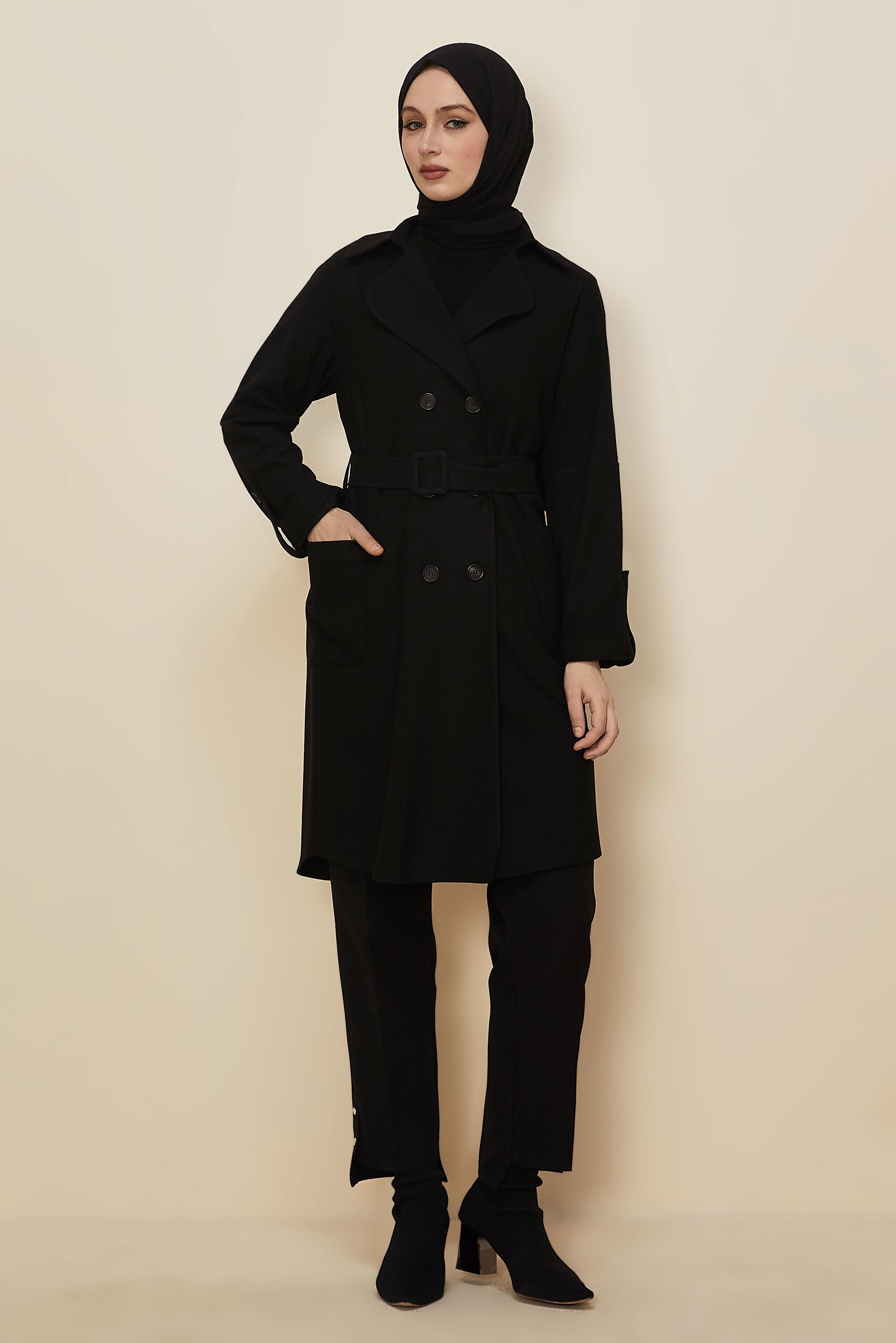 Tesettür giyim SİYAH KEMERLİ CEKET 46216