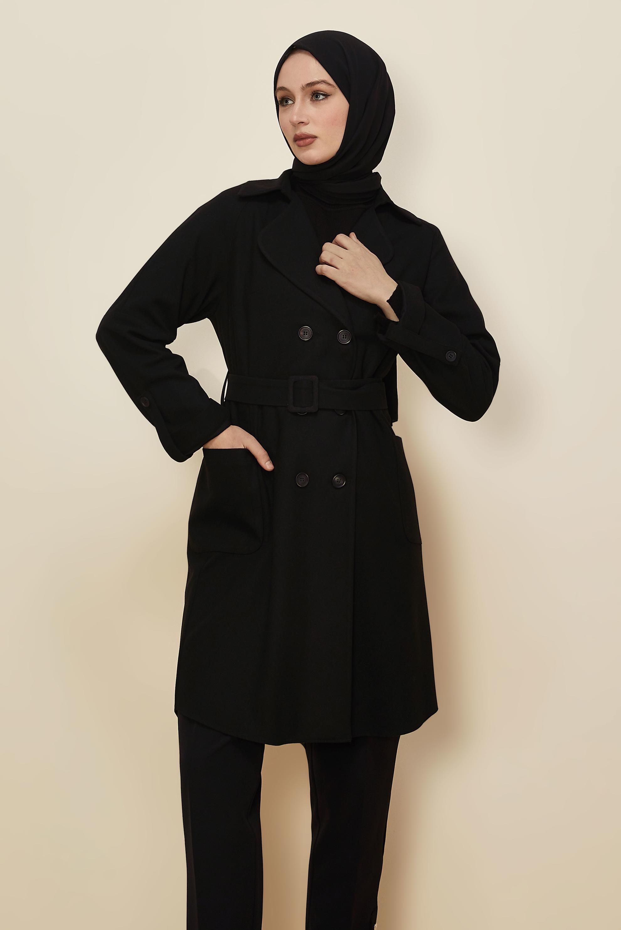 Tesettür giyim SİYAH KEMERLİ CEKET 46216