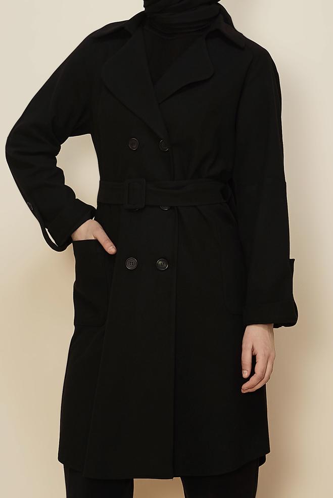 Tesettür giyim SİYAH KEMERLİ CEKET 46216 - ALVİNA