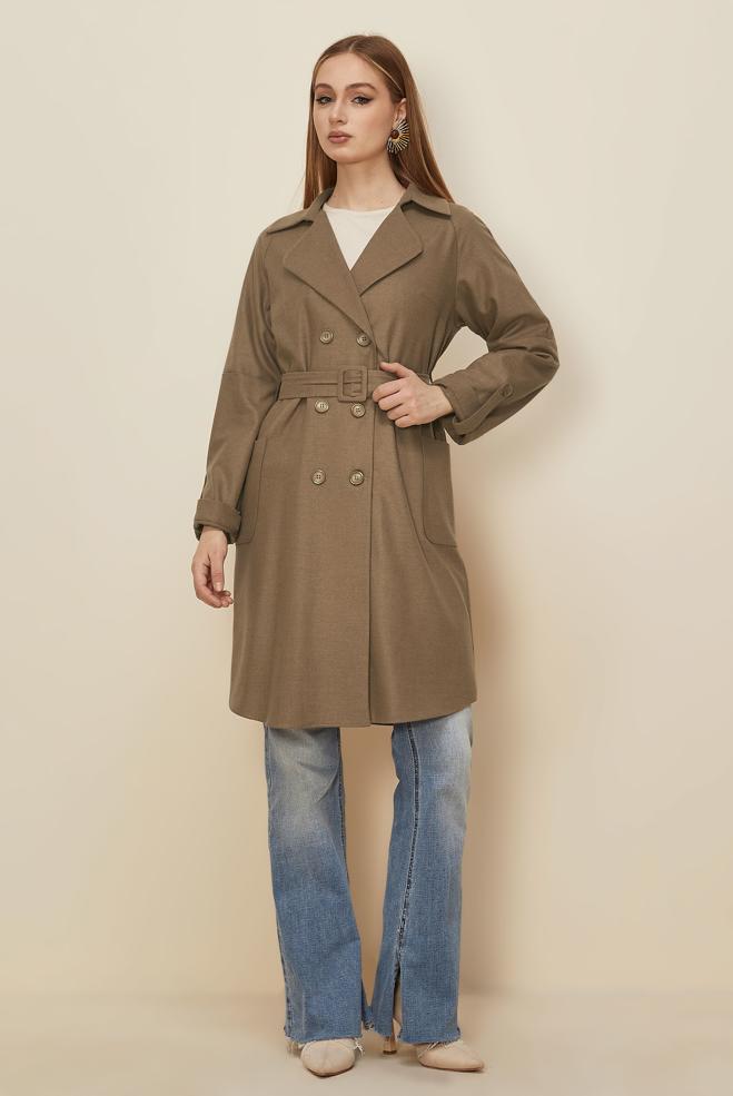 Tesettür giyim KAHVE KEMERLİ CEKET 46216 - ALVİNA