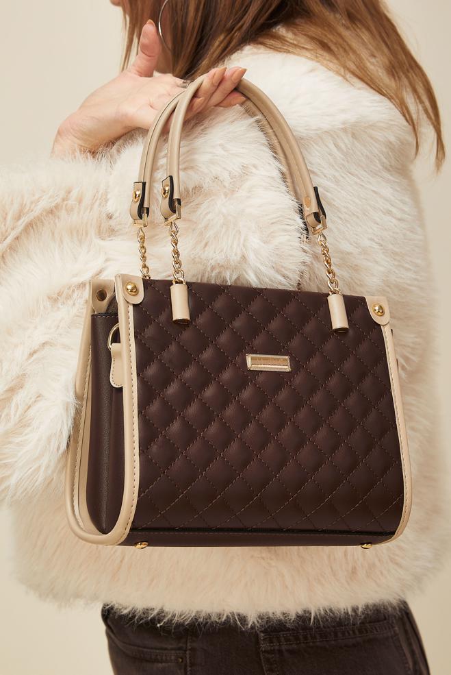 Tesettür giyim KAHVE ALVİNA BAKLAVA DESENLİ ÇANTA 2185 - ALVİNA