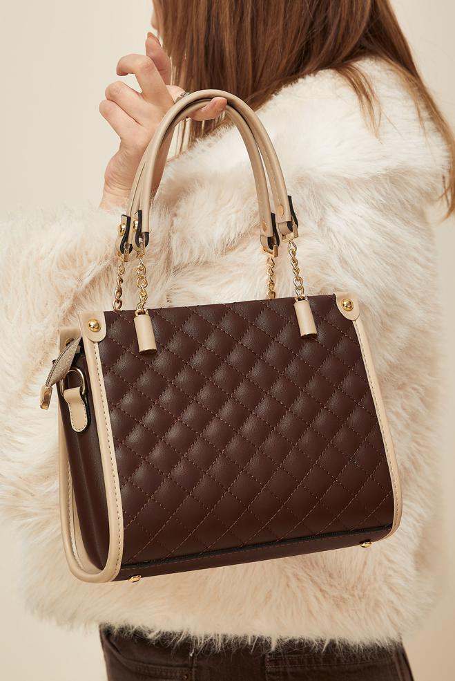 Tesettür giyim KAHVE ALVİNA BAKLAVA DESENLİ ÇANTA 2185 - ALVİNA