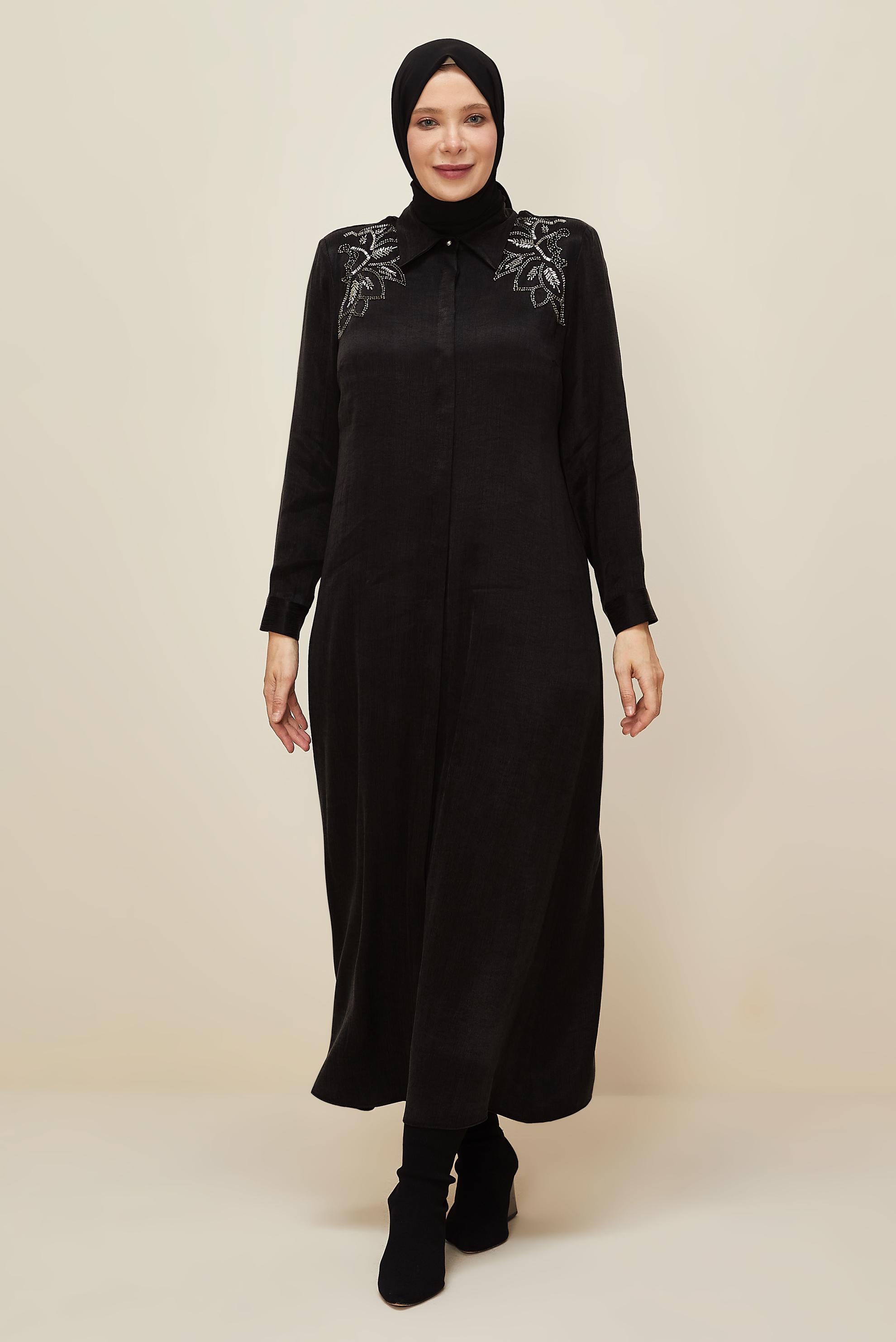 Vêtements hijab NOIR ROBE BRODÉE DE PERLES 20788