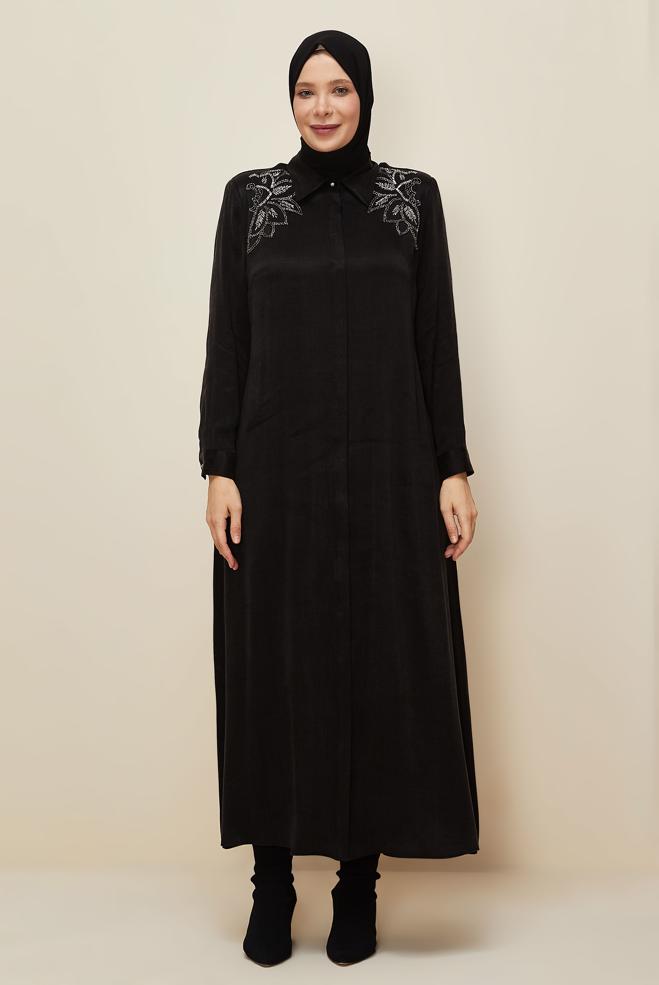Vêtements hijab NOIR ROBE BRODÉE DE PERLES 20788 - ALVİNA