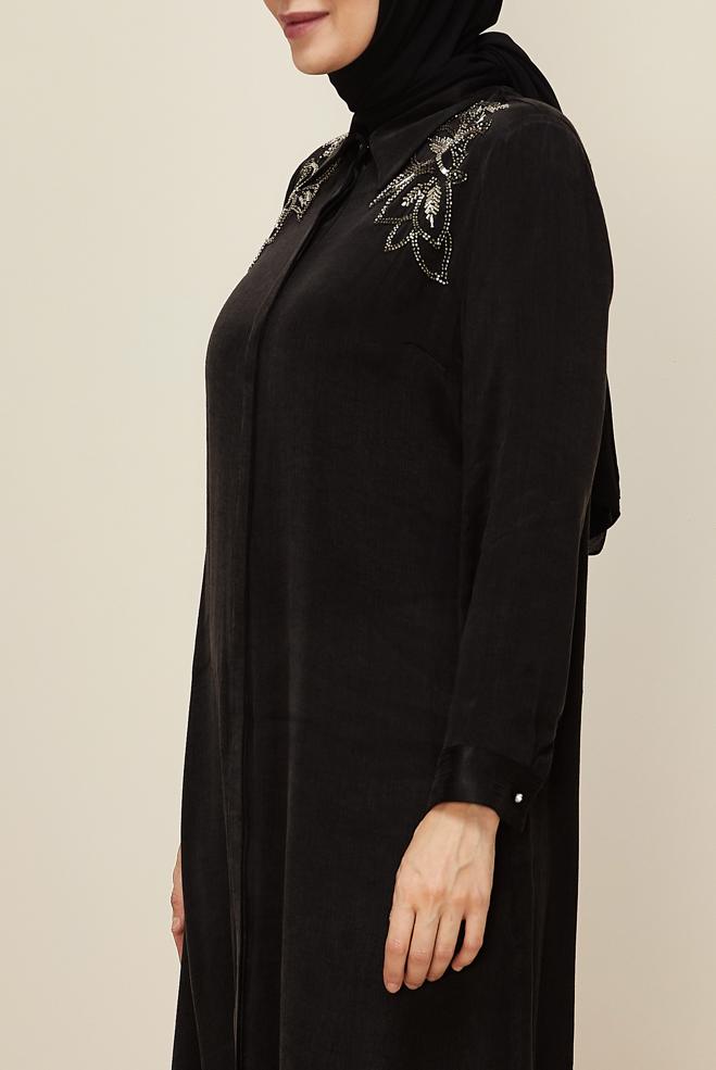Vêtements hijab NOIR ROBE BRODÉE DE PERLES 20788 - ALVİNA