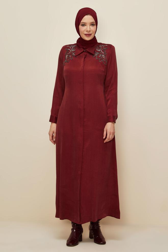 Vêtements hijab ROUGE BORDEAUX ROBE BRODÉE DE PERLES 20788 - ALVİNA