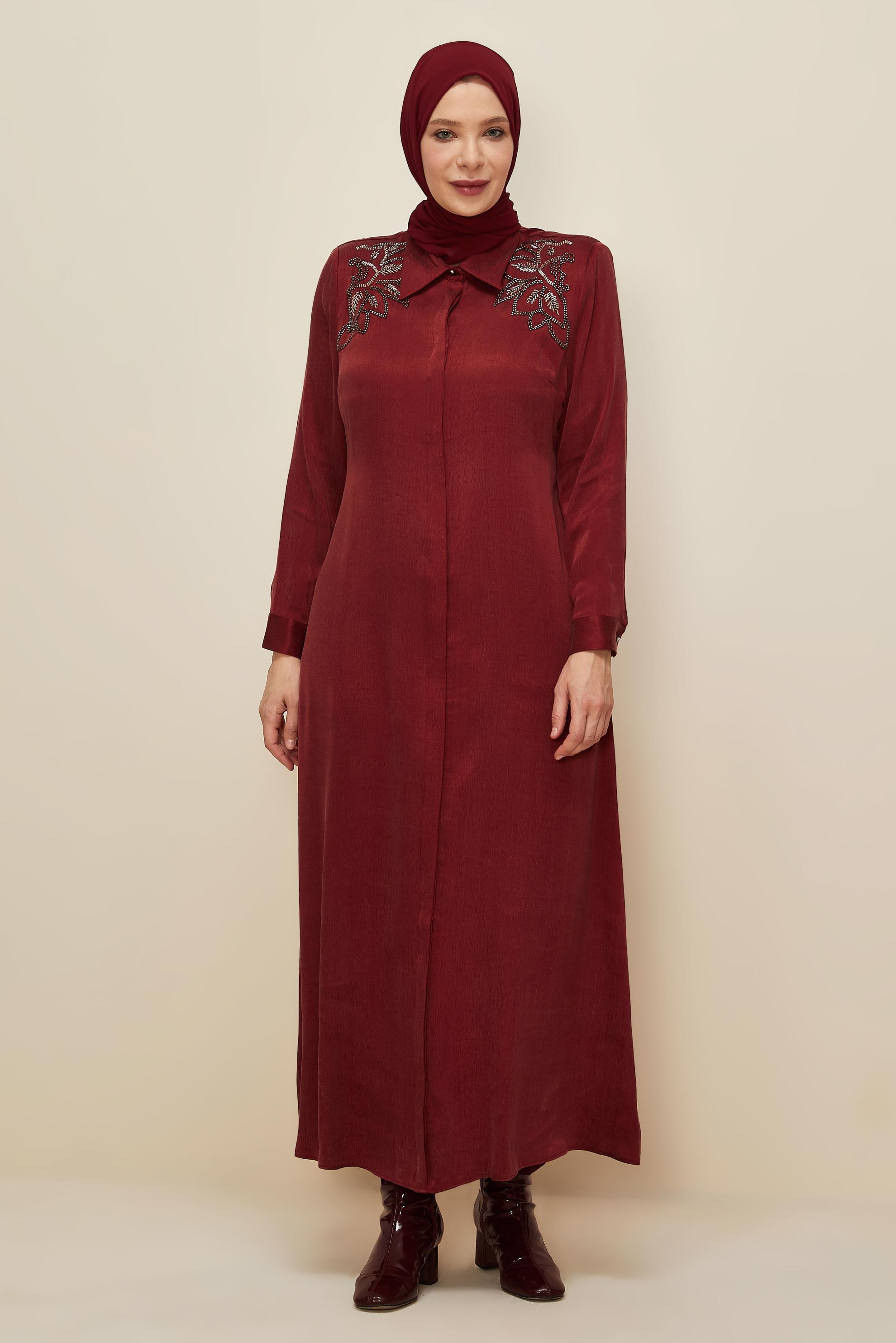 Vêtements hijab ROUGE BORDEAUX ROBE BRODÉE DE PERLES 20788