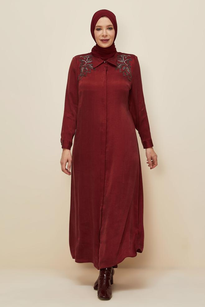 Vêtements hijab ROUGE BORDEAUX ROBE BRODÉE DE PERLES 20788 - ALVİNA