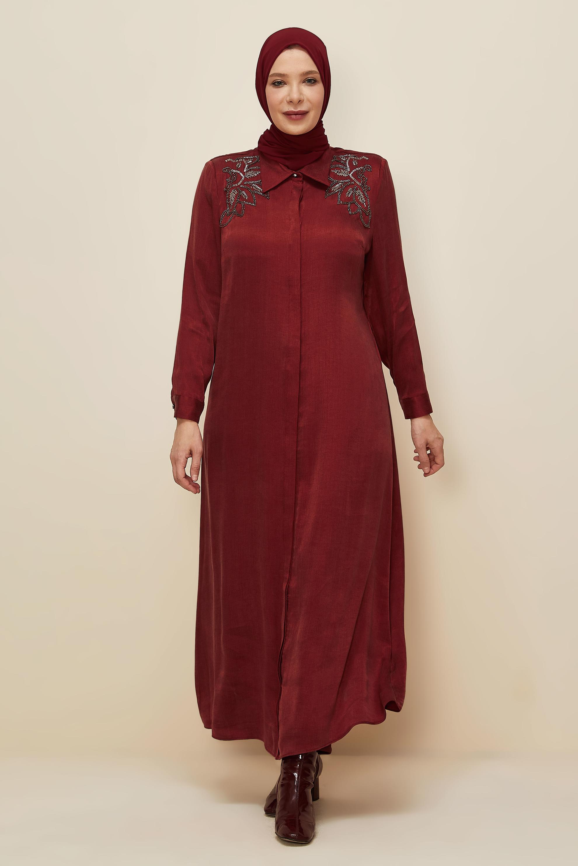 Vêtements hijab ROUGE BORDEAUX ROBE BRODÉE DE PERLES 20788