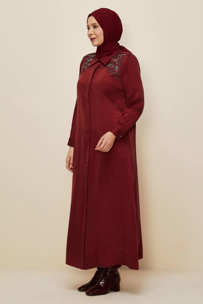 Vêtements hijab ROUGE BORDEAUX ROBE BRODÉE DE PERLES 20788 - ALVİNA