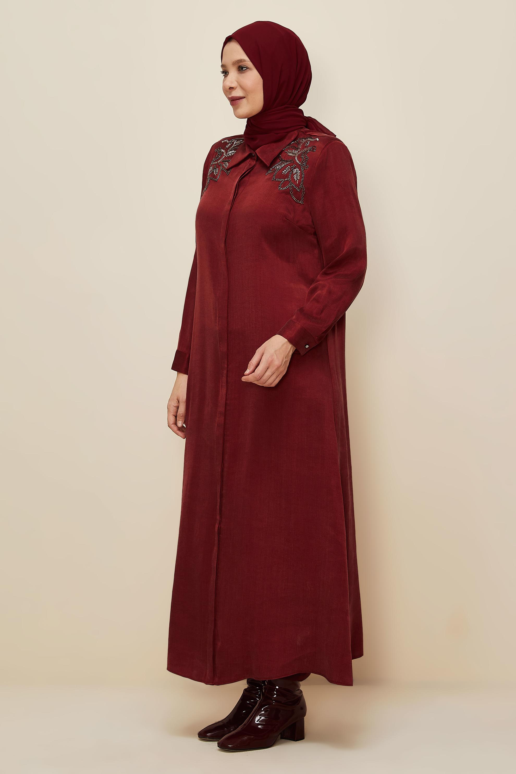 Vêtements hijab ROUGE BORDEAUX ROBE BRODÉE DE PERLES 20788
