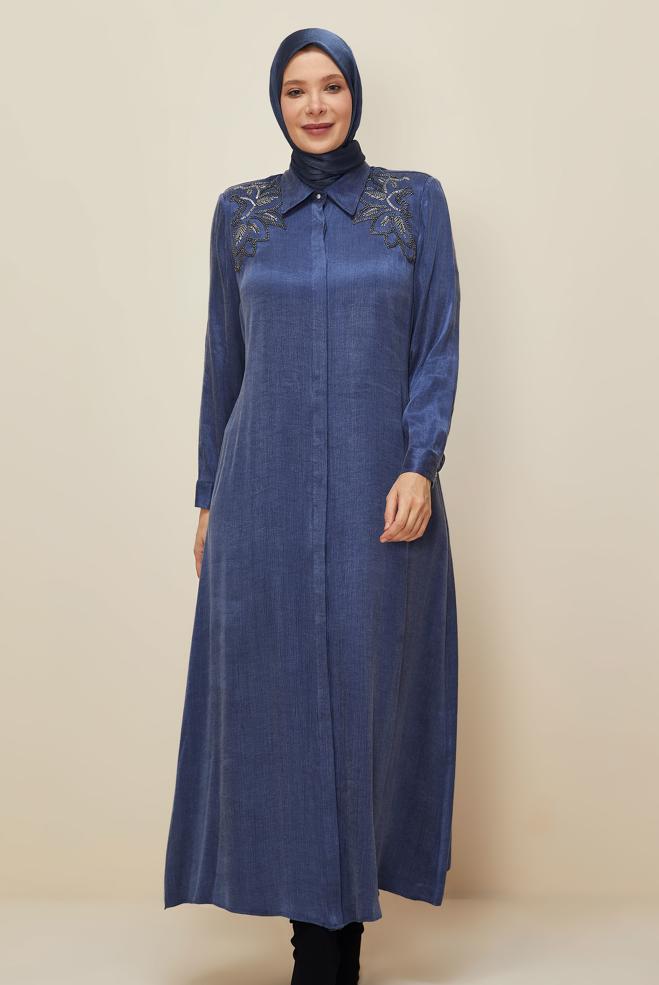 Vêtements hijab BLEU MARINE ROBE BRODÉE DE PERLES 20788 - ALVİNA