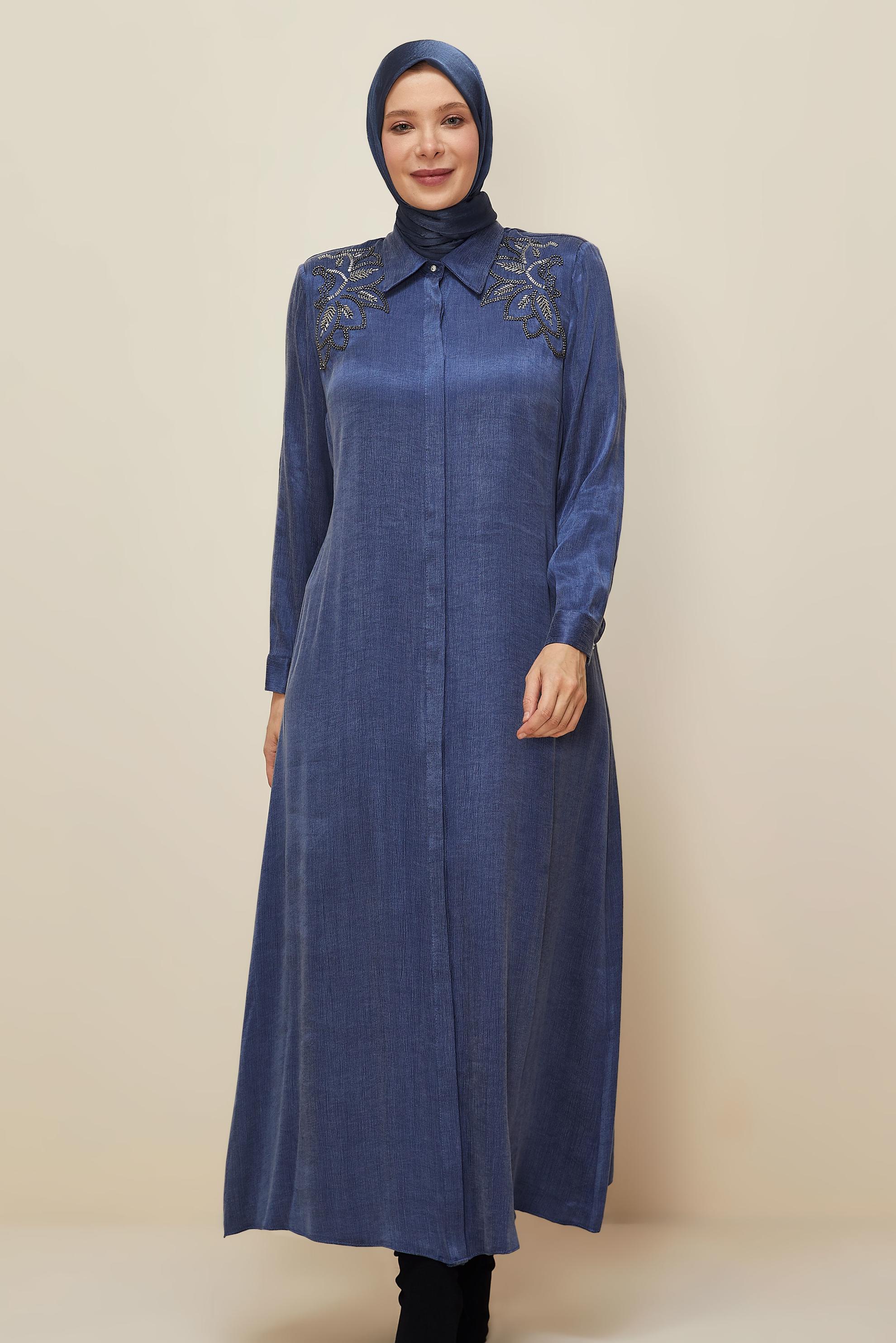 Vêtements hijab BLEU MARINE ROBE BRODÉE DE PERLES 20788