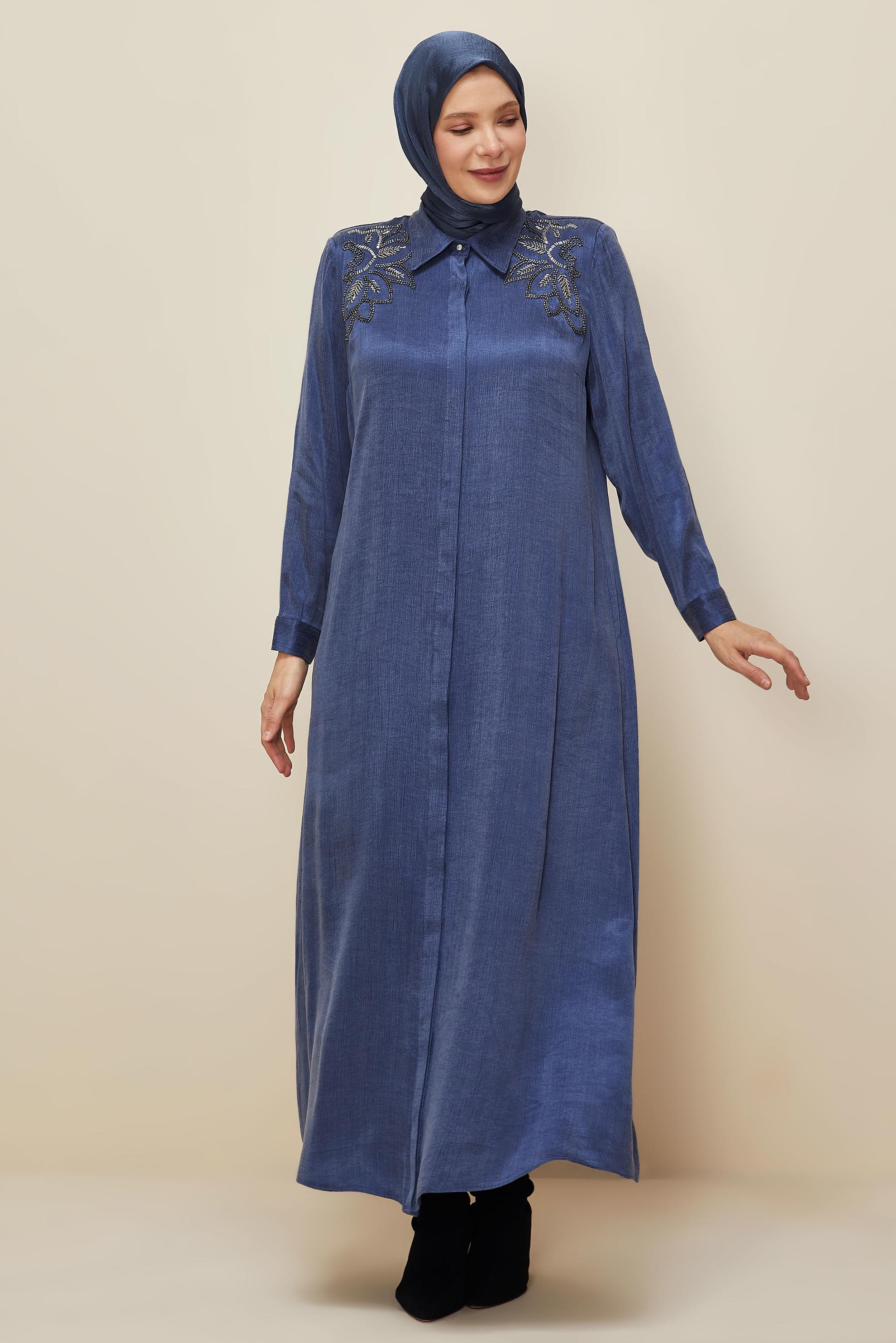 Vêtements hijab BLEU MARINE ROBE BRODÉE DE PERLES 20788