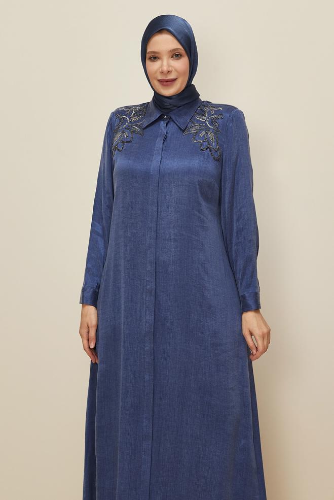 Vêtements hijab BLEU MARINE ROBE BRODÉE DE PERLES 20788 - ALVİNA