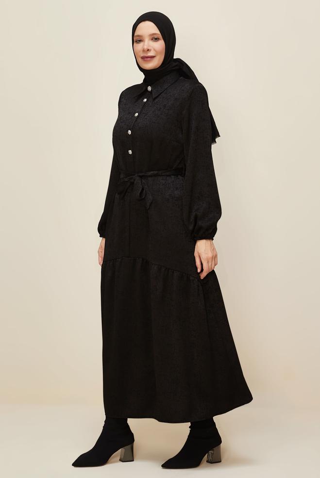 Vêtements hijab NOIR ROBE JACQUARD CEINTURÉE 20874 - ALVİNA