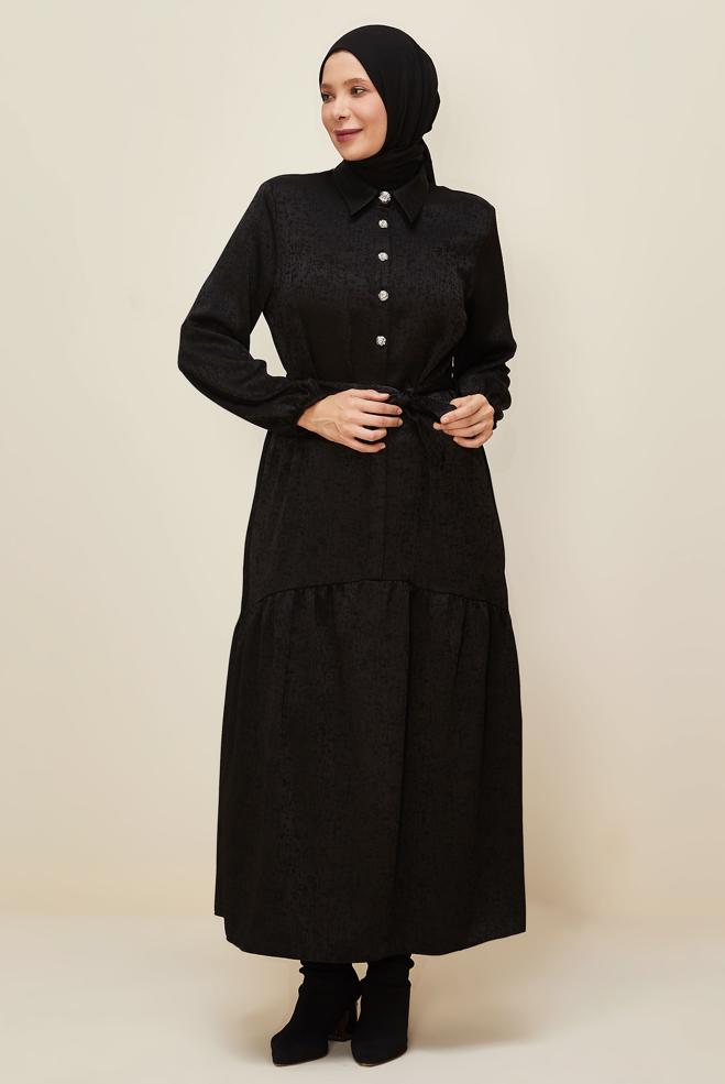 Vêtements hijab NOIR ROBE JACQUARD CEINTURÉE 20874 - ALVİNA