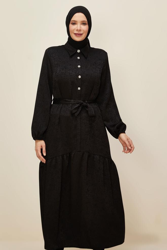 Vêtements hijab NOIR ROBE JACQUARD CEINTURÉE 20874 - ALVİNA