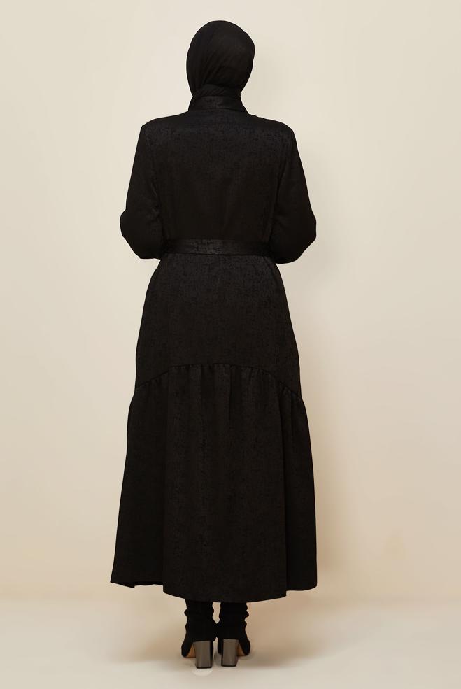 Vêtements hijab NOIR ROBE JACQUARD CEINTURÉE 20874 - ALVİNA