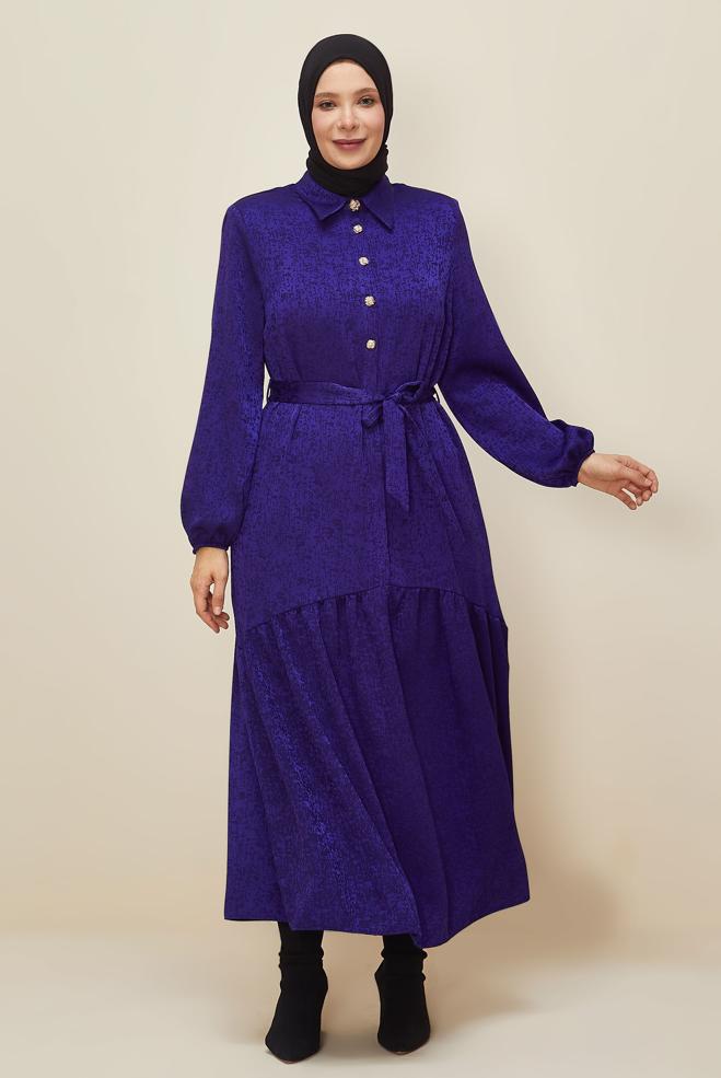 Vêtements hijab POURPRE ROBE JACQUARD CEINTURÉE 20874 - ALVİNA