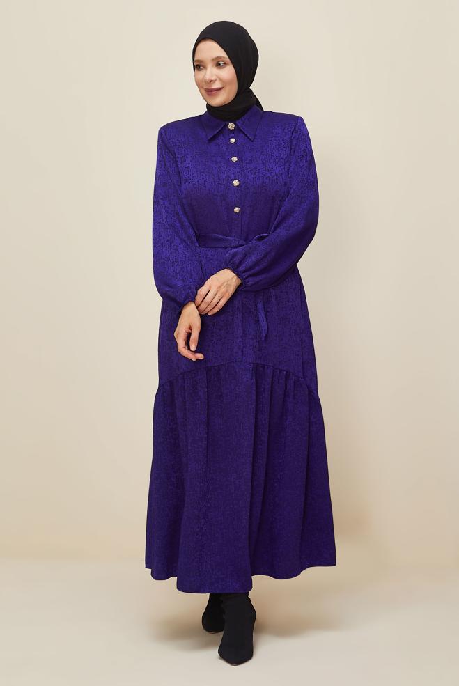 Vêtements hijab POURPRE ROBE JACQUARD CEINTURÉE 20874 - ALVİNA