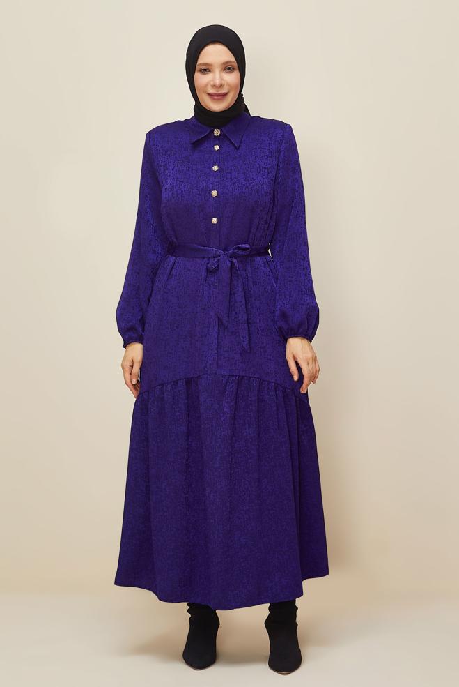 Vêtements hijab POURPRE ROBE JACQUARD CEINTURÉE 20874 - ALVİNA