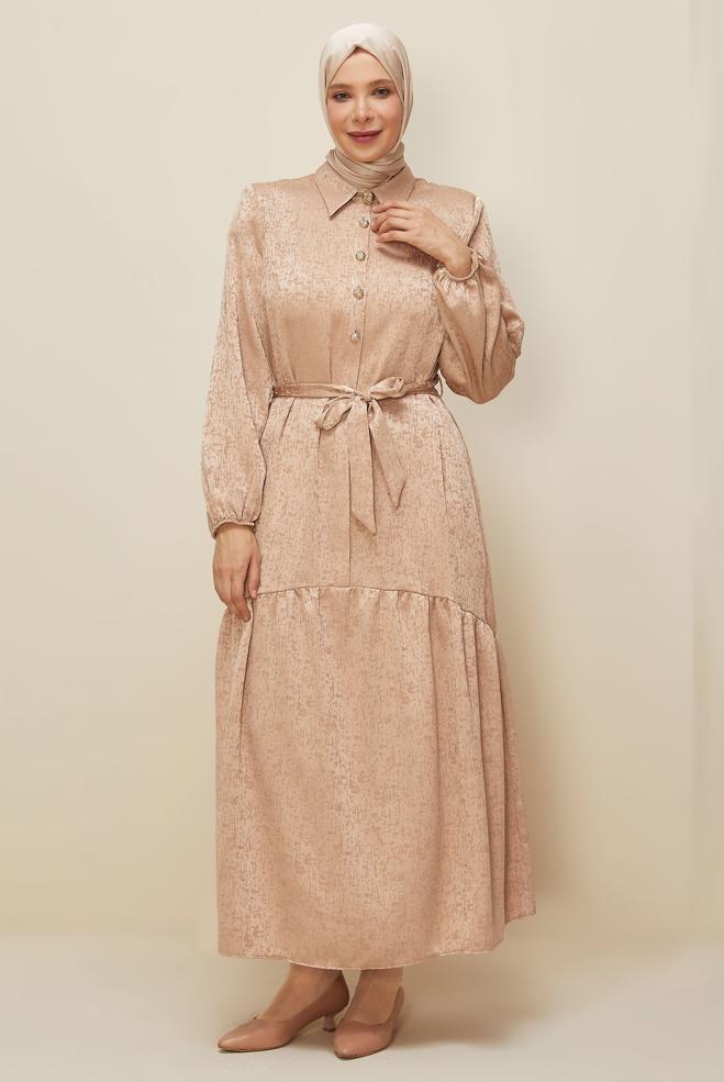 Vêtements hijab BEIGE ROBE JACQUARD CEINTURÉE 20874 - ALVİNA