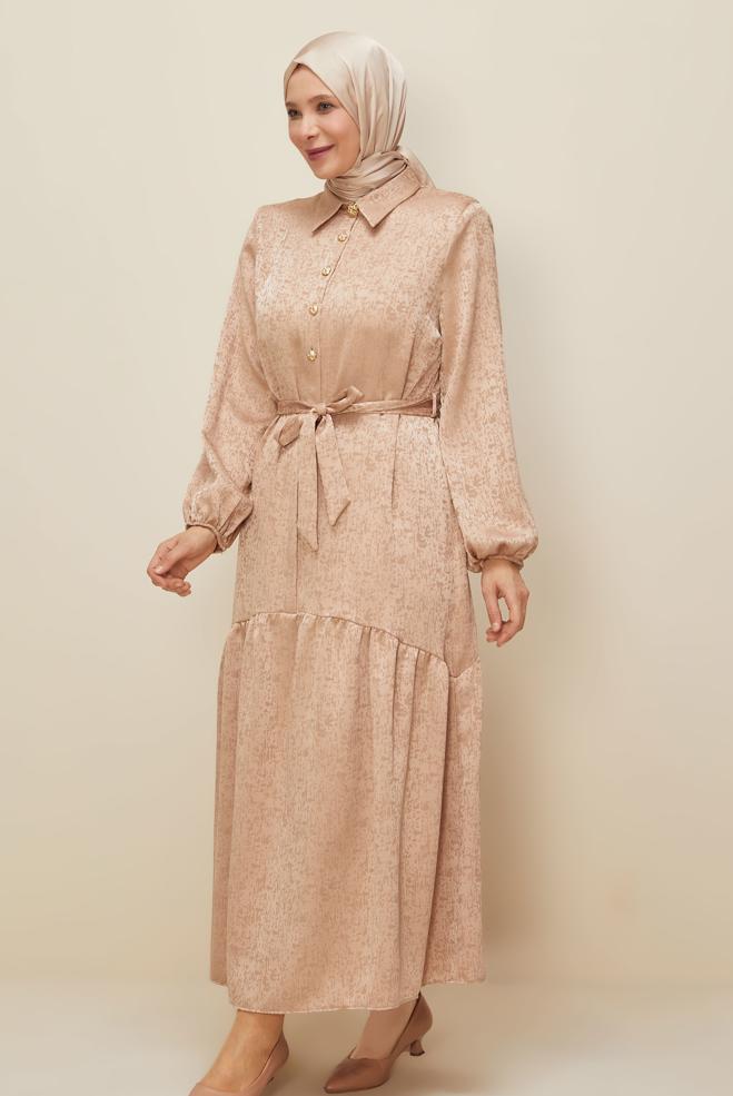 Vêtements hijab BEIGE ROBE JACQUARD CEINTURÉE 20874 - ALVİNA