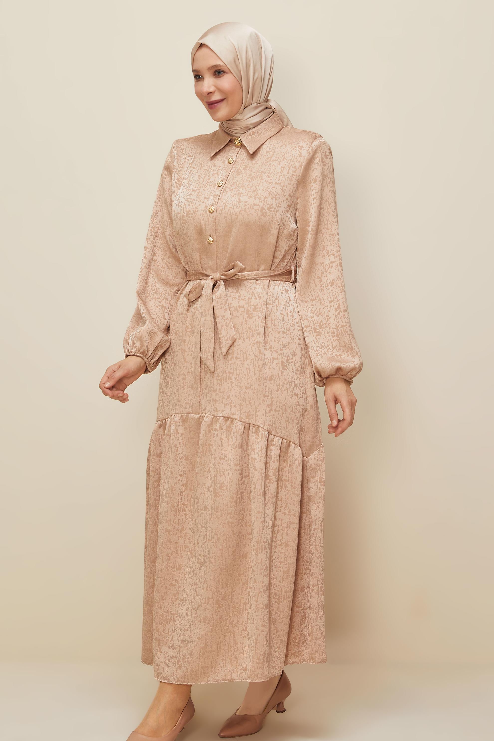 Vêtements hijab BEIGE ROBE JACQUARD CEINTURÉE 20874