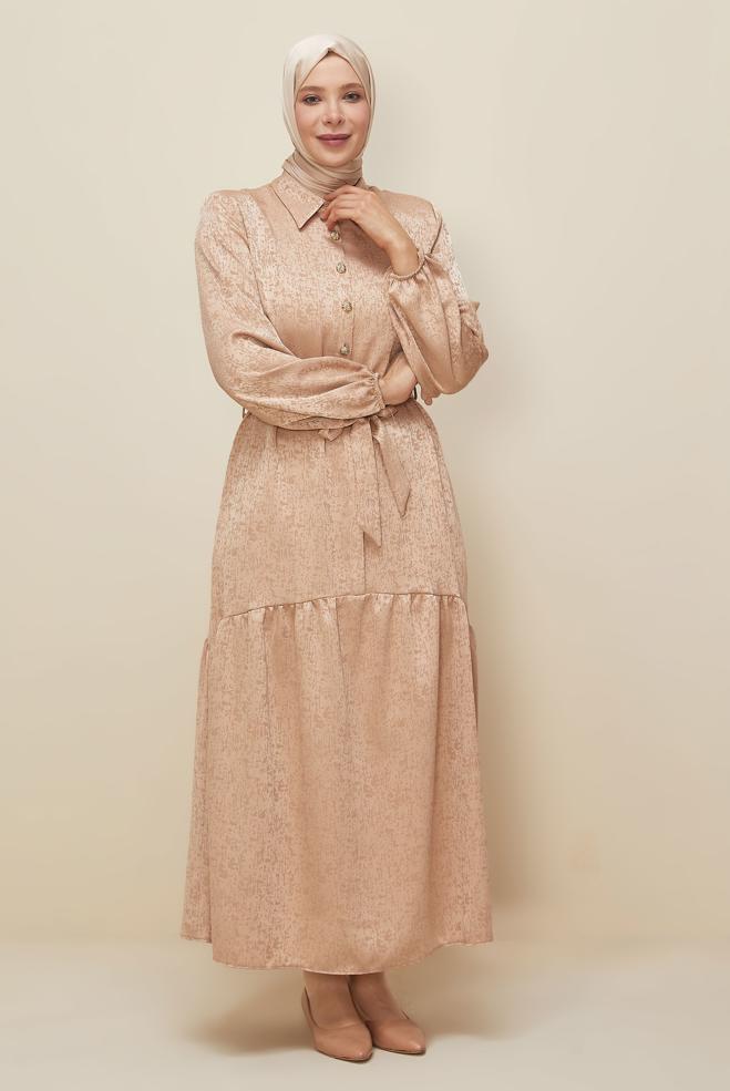 Vêtements hijab BEIGE ROBE JACQUARD CEINTURÉE 20874 - ALVİNA