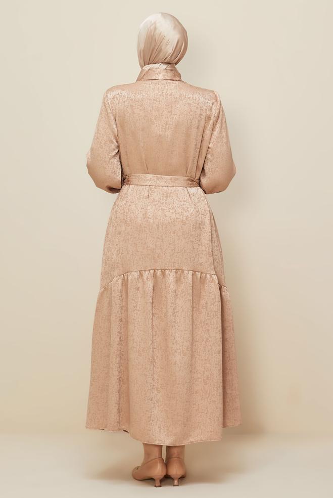 Vêtements hijab BEIGE ROBE JACQUARD CEINTURÉE 20874 - ALVİNA