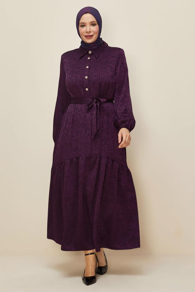 Vêtements hijab PRUNE ROBE JACQUARD CEINTURÉE 20874 - ALVİNA
