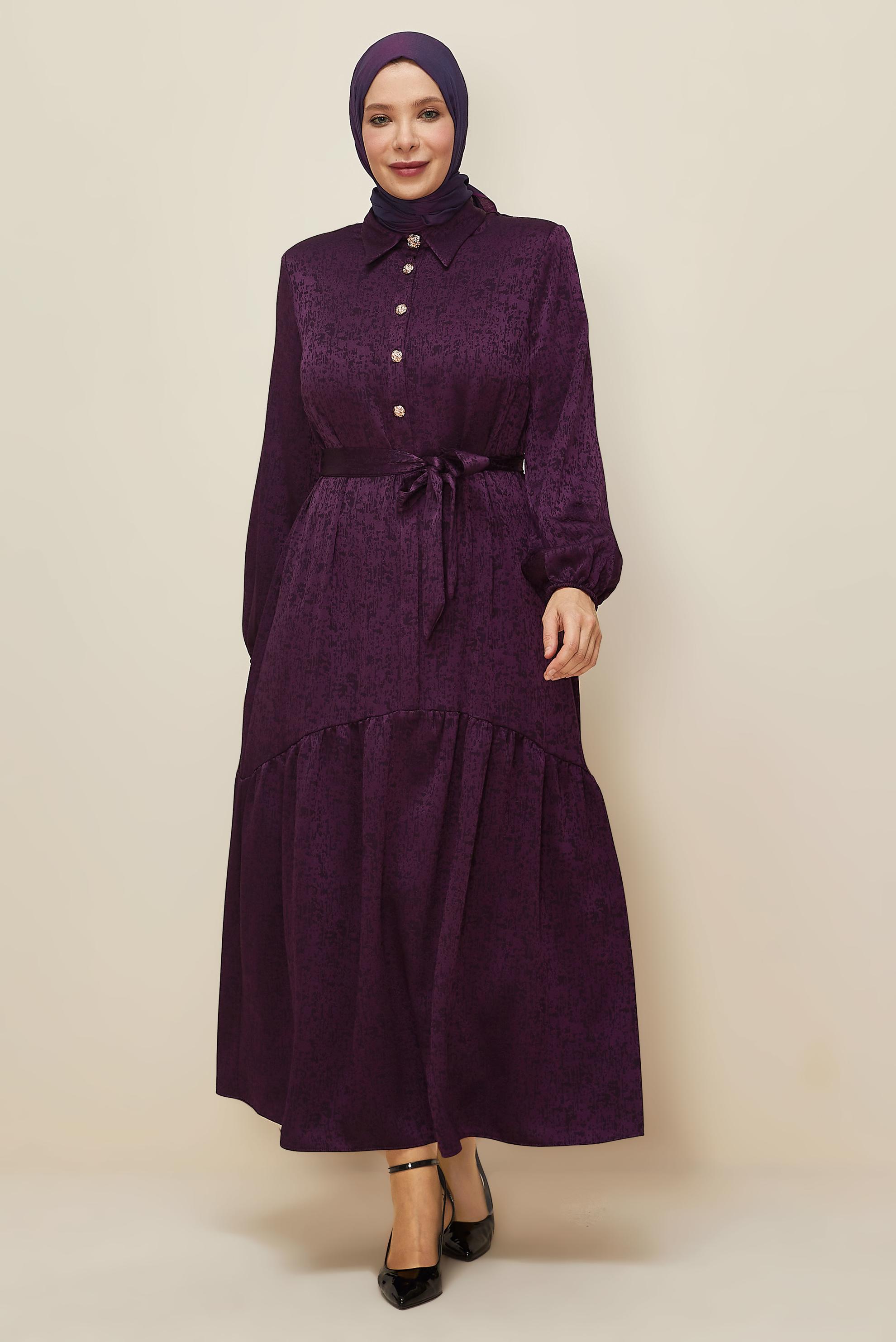 Vêtements hijab PRUNE ROBE JACQUARD CEINTURÉE 20874